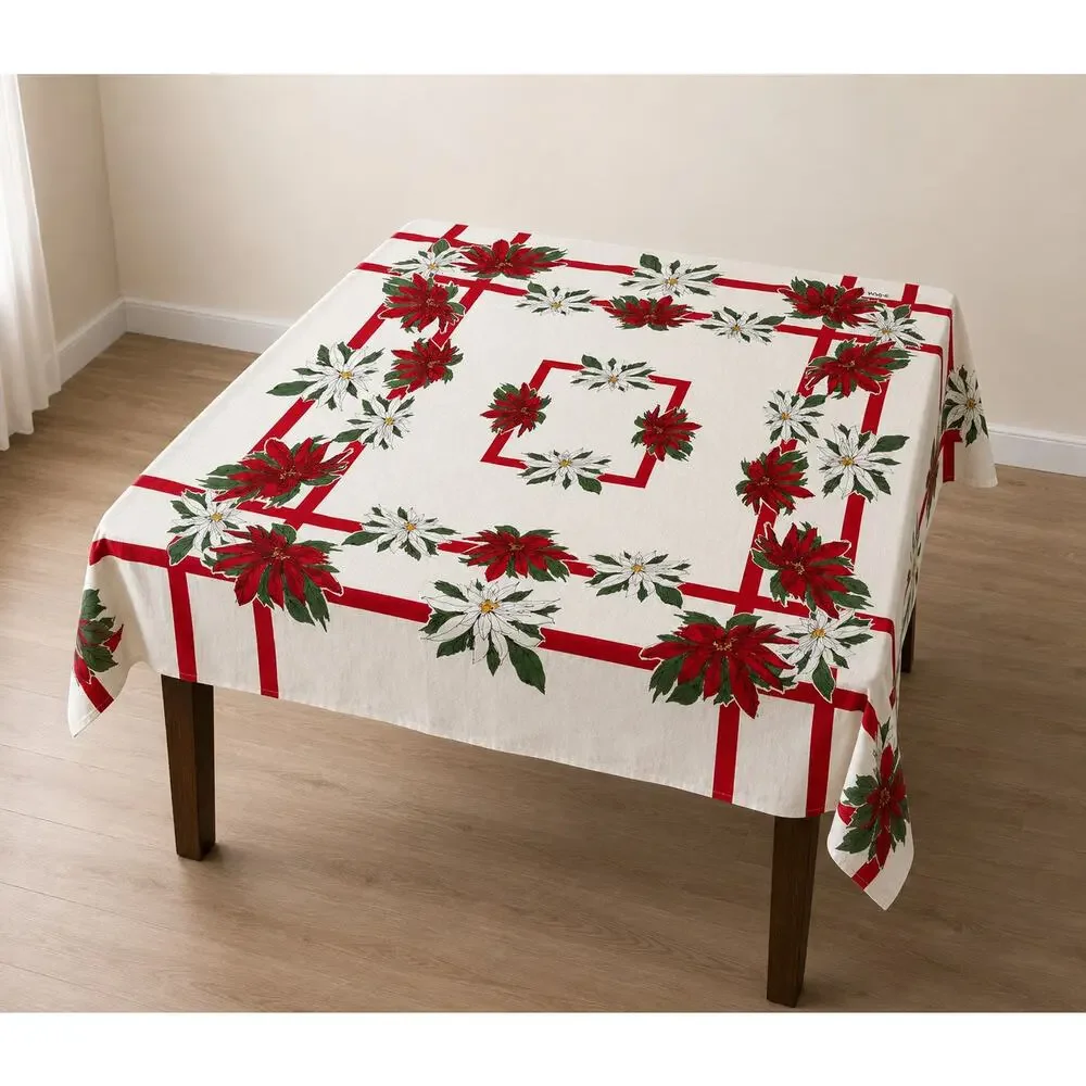 Vintage Vera Neumann Small Christmas Tablecloth Poinsettias 48x53